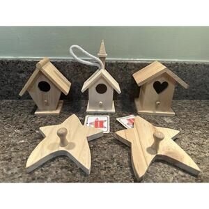 DARICE Craftwood Mini Unfinished Wooden Bird Houses & Star Peg Hook Decor Lot 5